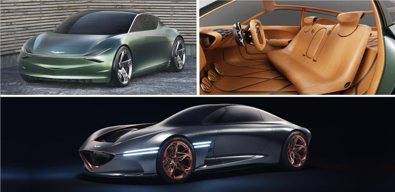 The Genesis Mint city-car concept (top, left and right), and the Essentia coupe concept (bottom).